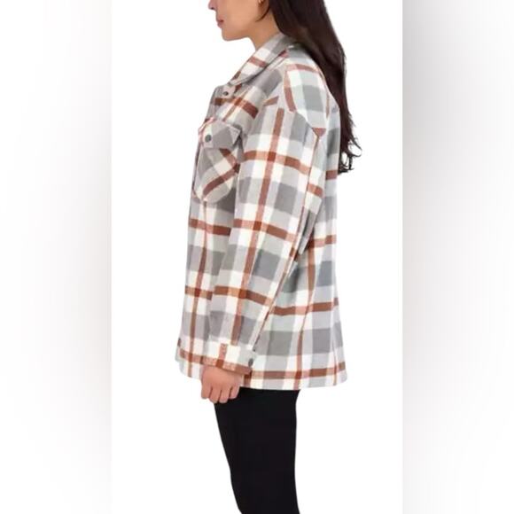 HFX Gray & Brown Plaid Shacket  Relaxed Fit Front Snap Closure Women's Size Med - Picture 13 of 13